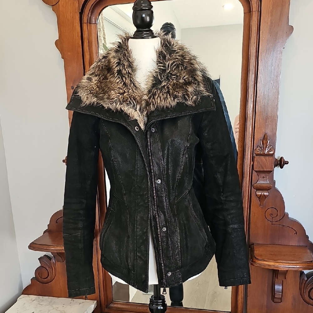 Danier Black Leather Jacket with Faux Fur Collar